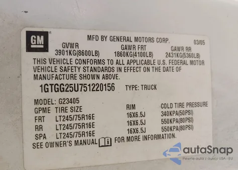 2005 GMC Savana Standard z USA, uszkodzony, nr VIN 1GTGG25U751220156